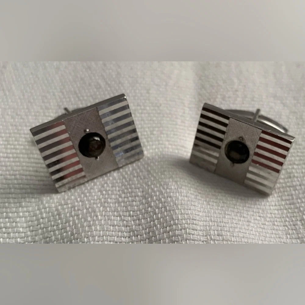 Vintage Silver-Tone Rectangular Cufflinks with Black Center Stone